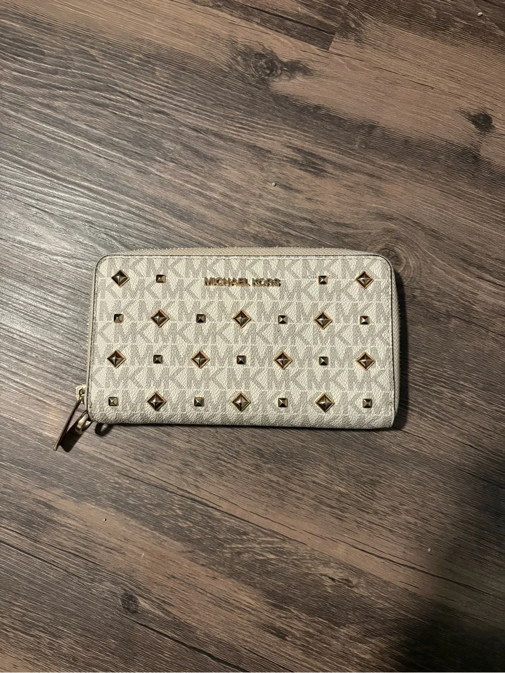 Michael Kors Cream Logo Zip Wallet with Gold Studs